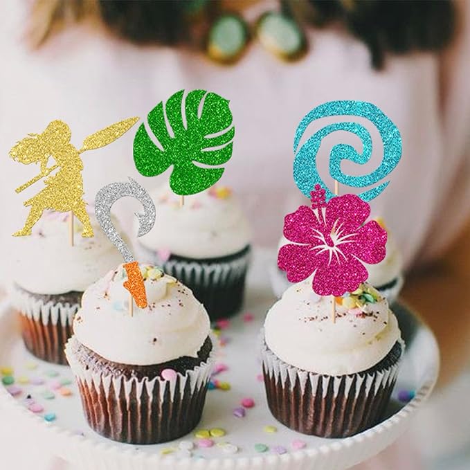 Rsstarxi 30 Pack Moana Cupcake Toppers Glitter Palm Leaf Flower Cupcake Picks Tropical Hawaiian Luau Cupcake Decorations for Moana Baby Shower Birthday Party Cake Decorations