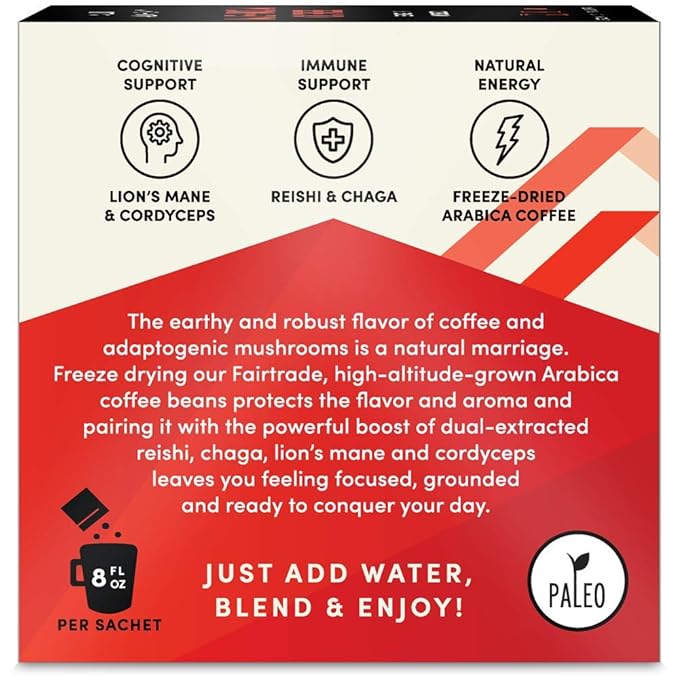 Sun Alchemy Mushroom Coffee, Energize with Organic Fair-Trade Coffee, Lion’s Mane, Reishi, Chaga & Cordyceps Mushrooms - 12 Sachets