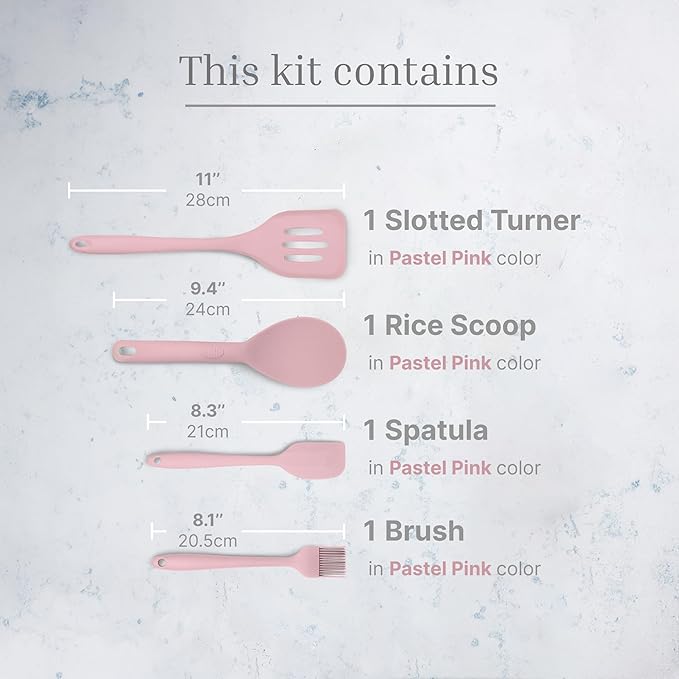 Silicone Utensils 4-Piece Set ??Rubber Spatula, Pastry Brush, Slotted Turner, and Rice Paddle ??Complete Heat-Resistant Set for Non-Stick Cookware ??Kitchen Tools for Cooking and Baking ??Pastel Pink