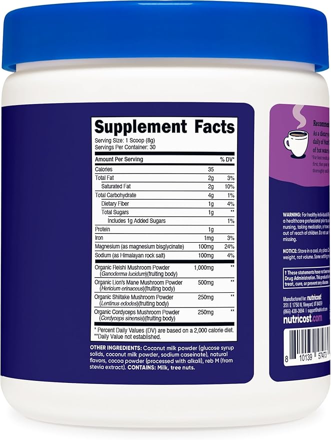 Nutricost Nutrizen PM Unwind Adaptogenic Mushroom Drink (Mocha Flavored) 30 Servings - Includes Reishi, Lion's Mane, Shiitake, Cordyceps