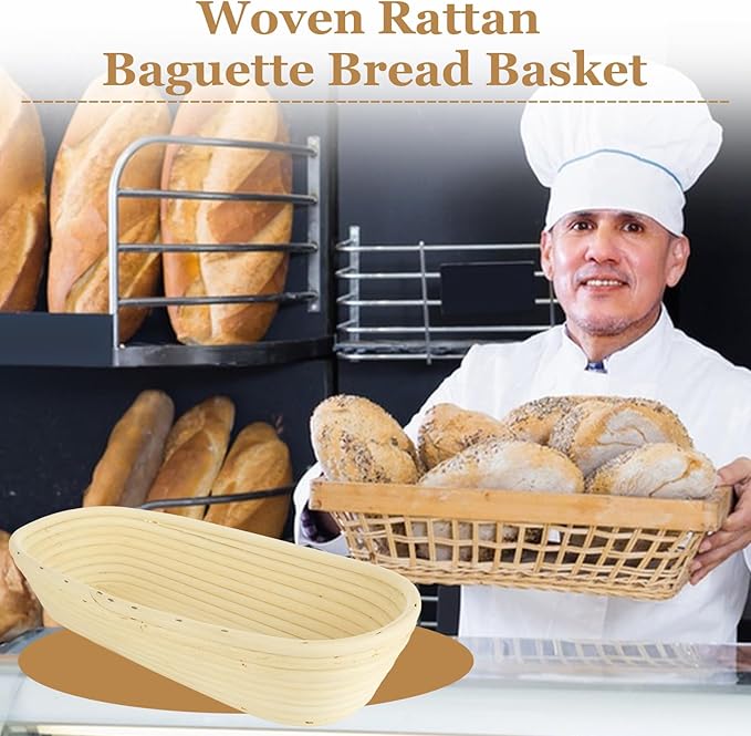 2 PCS 13.8 inch Oval Long Baguette Banneton Brotform Bread Dough Proofing Rattan Basket & Liner for Professional & Home Bakers