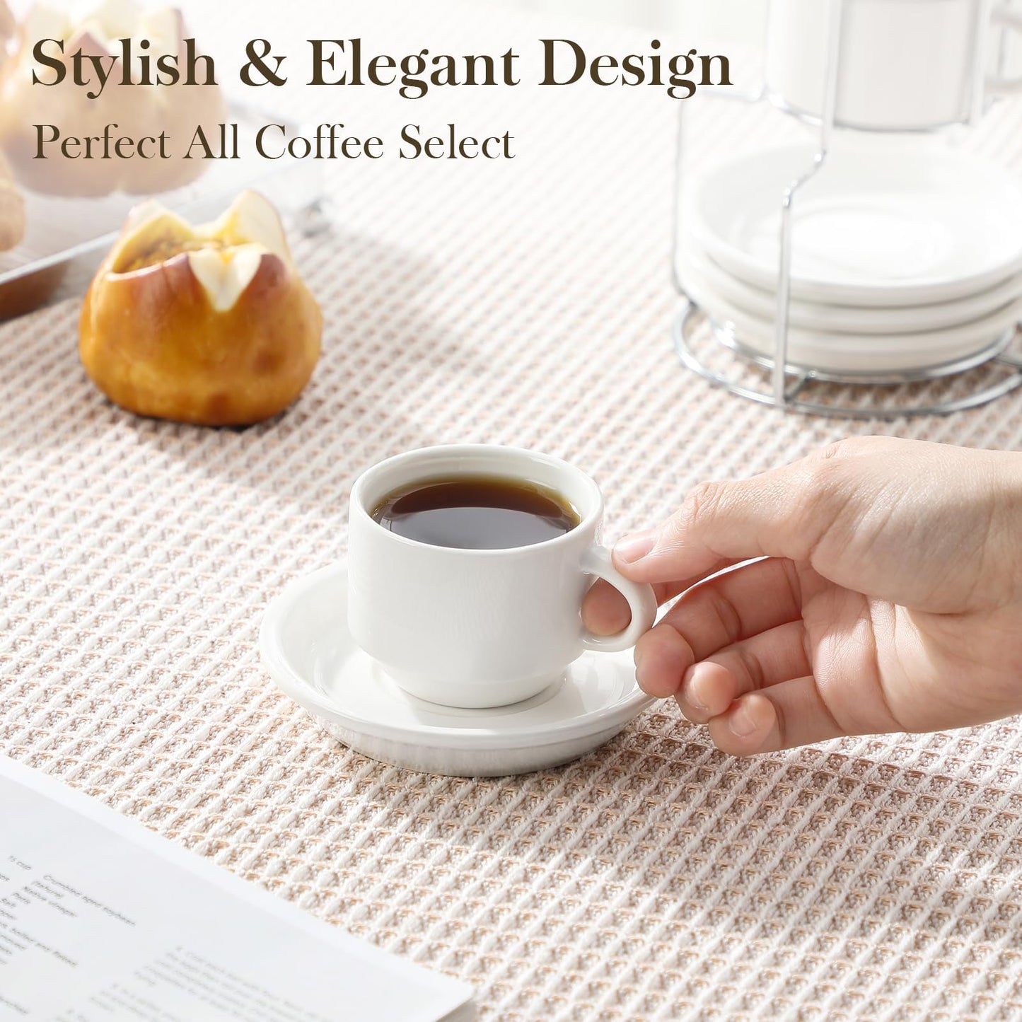MALACASA 2.5 OZ Porcelain Espresso Cups with Saucers and Metal Stand Set of 4, Stackable Cappuccino