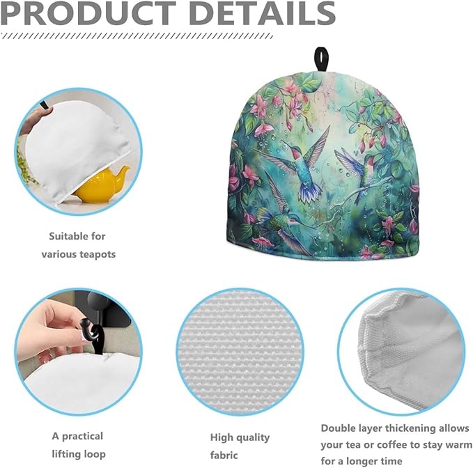 Hummingbird Tea Cozy for Teapot Insulated Floral Tea Pot Cover Kitchen Decoration Cattle Wildlife Thick Tea Pot Cozy for Keeping Warm