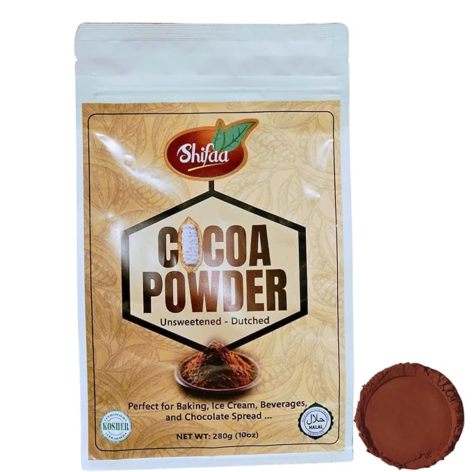 Cocoa Powder Unsweetened, Shifaa Alkalized - Reddish Brown:10-12% | Rich in Antioxidants, High Fibre & Protein | No Sugar Added | Vegan, Non-GMO | Halal & Kosher | For Baking, Drinks, Desserts ??10oz
