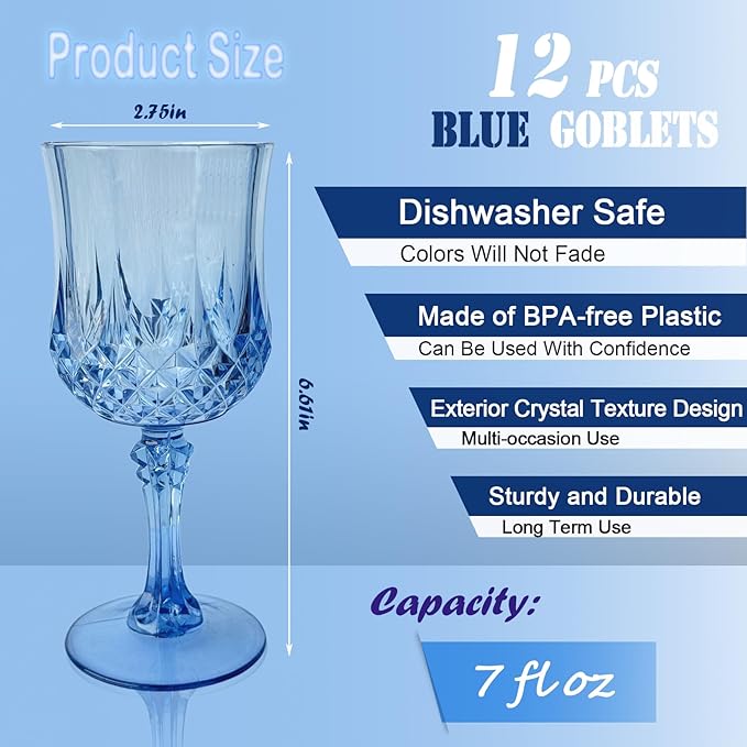12 PCS Blue Plastic Wine Glasses,Reusable Plastic Wine Glasses,Blue Goblet Glass,Durable and Sturdy Cups Can Be Used for Various Parties Such as Weddings!