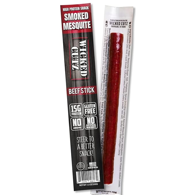 Wicked Cutz Smoked Mesquite Beef Sticks, 15g Protein Per Beef Stick, Tender & Juicy Extra Large Meat Stick, USA Made High Protein Meat Sticks, Carnivore Snacks (12 Pack)