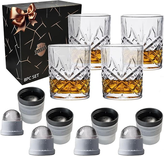 OLD BARREL Whiskey Glasses Set of 8 (4 Glasses with 4 Ice Ball Molds) 10oz Old Fashioned Crystal Glasses Gift Box ??Bourbon, Scotch, Cocktail Rocks Glas ??Gifts for Men, Dad, Birthday, Father?™s Day