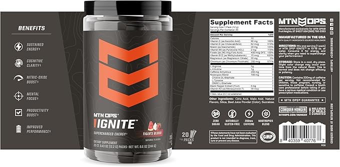 MTN OPS Ignite Trail Packs Energy Drink Powder, Gluten Free Nootropic Supplement Drink Mix, L Arginine, L Citrulline, Caffeine & Nootropic Sugar Free Drink Mix, 20 Servings, Tiger's Blood