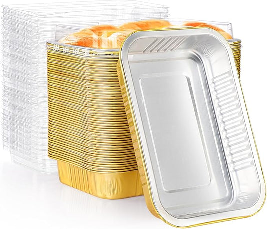 EUSOAR Creme Brulee Ramekins Disposable, Gold 20oz 50pcs Aluminum Foil Mini Cake Bread Pans, Muffin Baking Cups with Lids for Baking, Square Cupcake Pans, Muffin Liners Cups Dessert Containers
