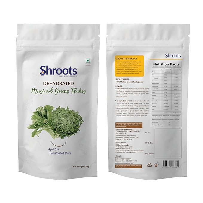 SHROOTS Dehydrated Mustard Green Leaves (Sarso) Flakes Pure Vegetarian Gluten-Free No Added Salt Easy Cooking Machine Dried Vegetables with Natural Aroma Ideal for Everyday Meals 1.06 oz, Pack of 1
