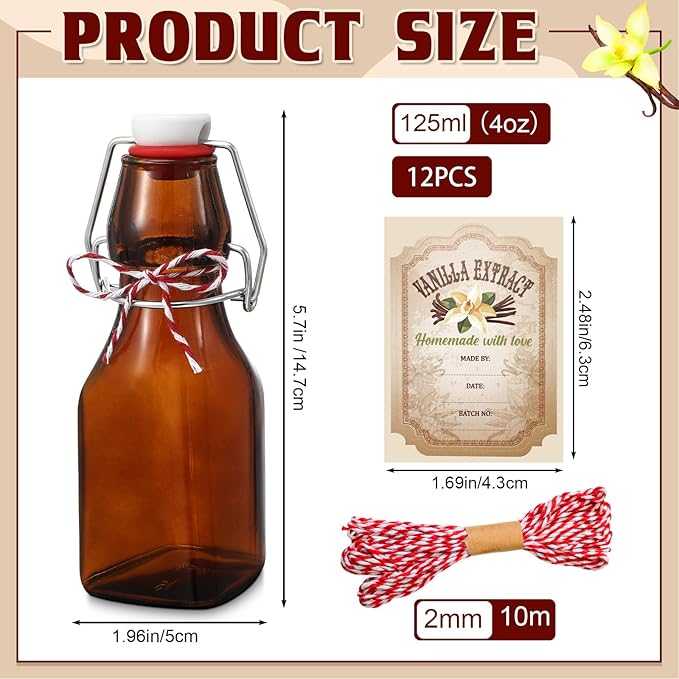Uiifan 12 Pcs 4 oz Amber Swing Top brown Square Glass Bottles for Vanilla Extract with Caps and Cotton Twines Label Flip Top Glass Bottle for Home Vanilla Brew Oil Beer Tea Supply