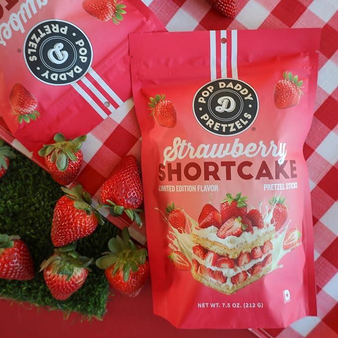 Pop Daddy Flavored Pretzels Sticks, Healthy Gourmet Pretzels Snacks, 7.5oz Individual Bags, 3 Pack, Strawberry Shortcake