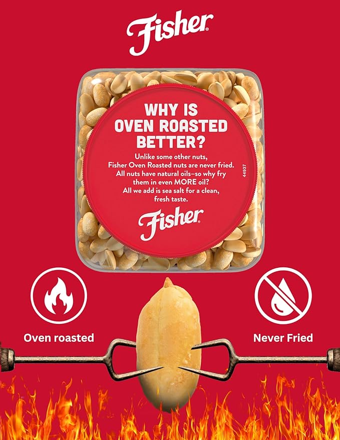 Fisher Oven Roasted Never Fried Peanuts, 24 Ounces (Pack of 6), Snacks for Adults, Made With Sea Salt, No Added Oils, Artificial Ingredients or Preservatives, Gluten Free, Vegan Protein, Bulk