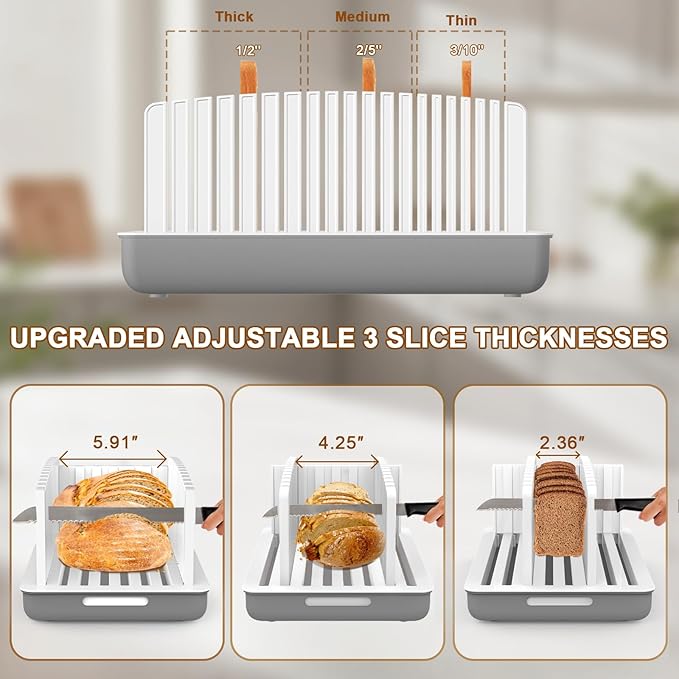 Upgrade Bread Slicer for Homemade Bread, Bread Slicer Guide Adjustable Width and Thickness, Foldable and Compact Cutting Guide with Crumb Tray, Suitability for Homemade Bread, Bagels, Cakes