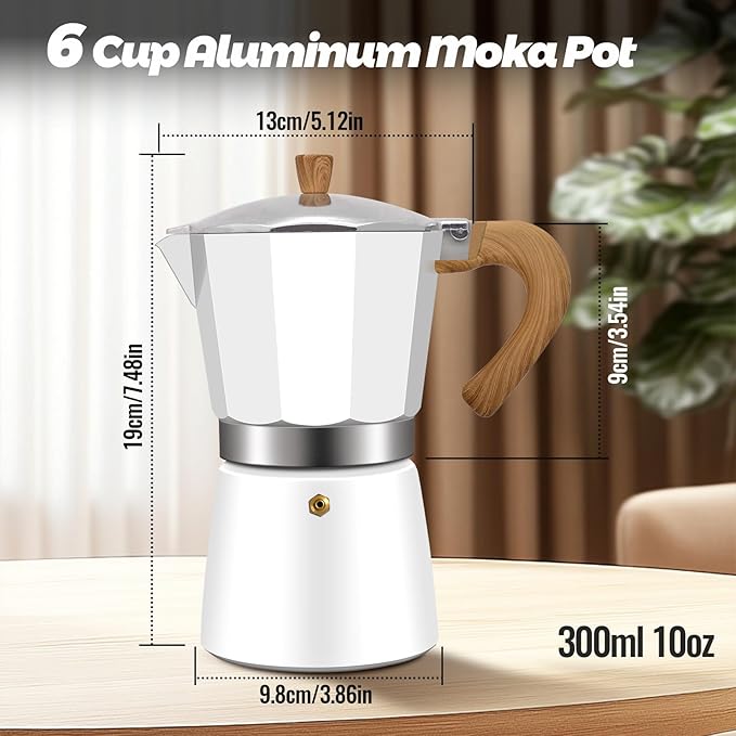 6 Cup Aluminum Moka Pot Classic Stovetop Espresso Coffee Maker 300ml 10oz Coffeemaker Percolator Mocha Express Preferred Cafe Makers for Italian and Cuban Cafì±?Brewing White