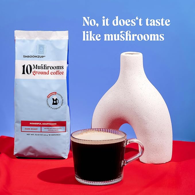 Shroomzup Ground Mushroom Coffee for Brewing - 10 Mushrooms Dark Roast - Lion's Mane, Reishi, Chaga, Turkey Tail, Cordyceps, Shiitake Mushroom Coffee for Energy and Focus - 13oz Bag