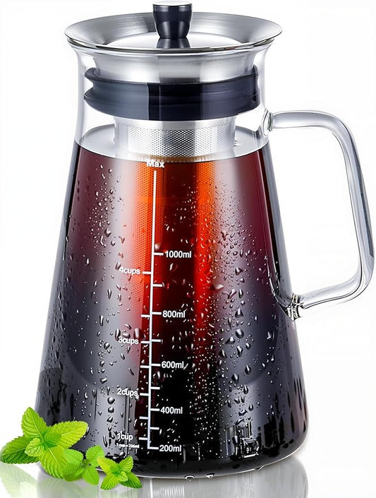 Aquach 34 Oz Cold Brew Coffee & Iced Tea Maker ??Airtight Lid, Dishwasher Safe, Borosilicate Glass Caraf