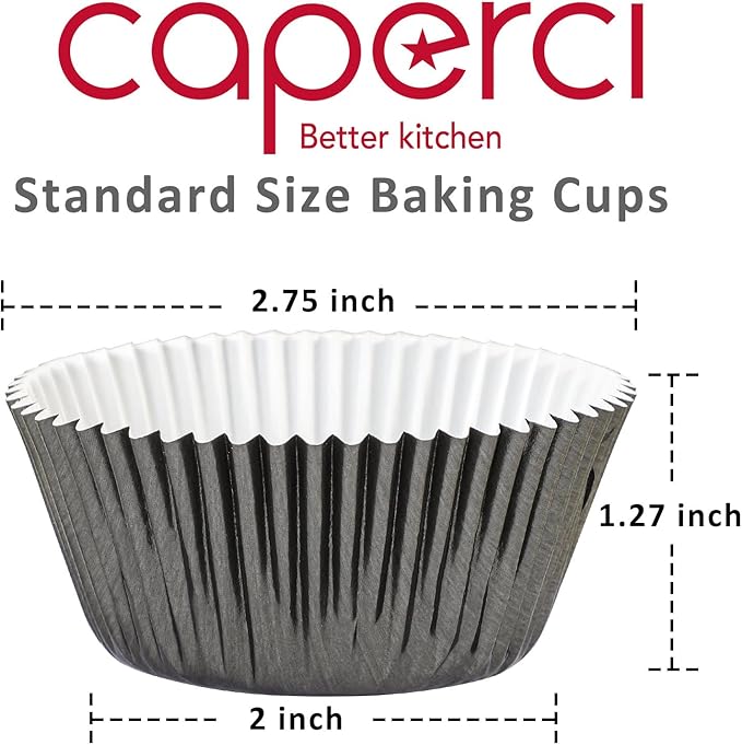 Caperci Black Foil Cupcake Muffin Liners Standard Size Baking Cups 150-Pack - Premium Greaseproof & Sturdy