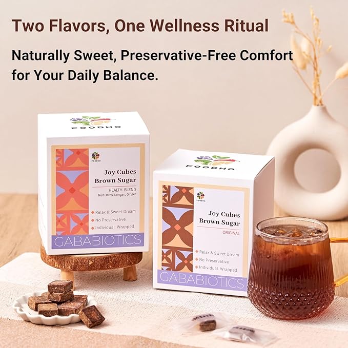 FOODHO GABA Joy Cubes Brown Sugar Cubes Health Blend with Ginger, Longan and Red Dates, Natural Muscovado Sugar, Soothing Ginger Tea, No Preservatives