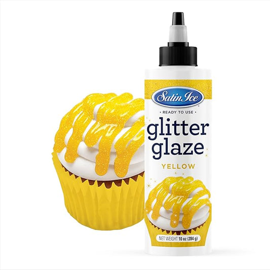 Satin Ice Yellow Glitter Glaze (10oz Bottle) For Decorating Cakes, Cupcakes, Brownies, and Doughnuts