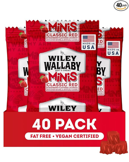 Wiley Wallaby Mini Licorice Bites 0.5 Ounce Classic Gourmet Soft & Chewy Australian Classic Red Licorice Candy Bags, 40 Pack
