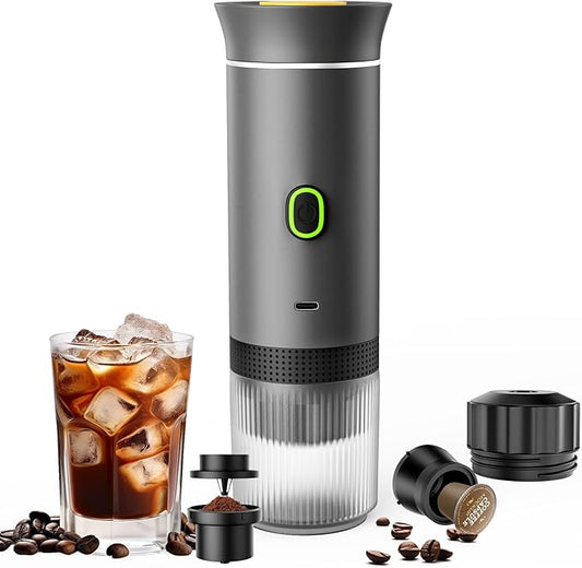 3-in-1 Portable Espresso Maker, Travel Coffee Maker, Self-Heating Car Coffee Maker with USB-C, Small Espresso Machine with Ground Coffee & Capsules (NS竊낪G) for RV, Hiking, Office (grey)