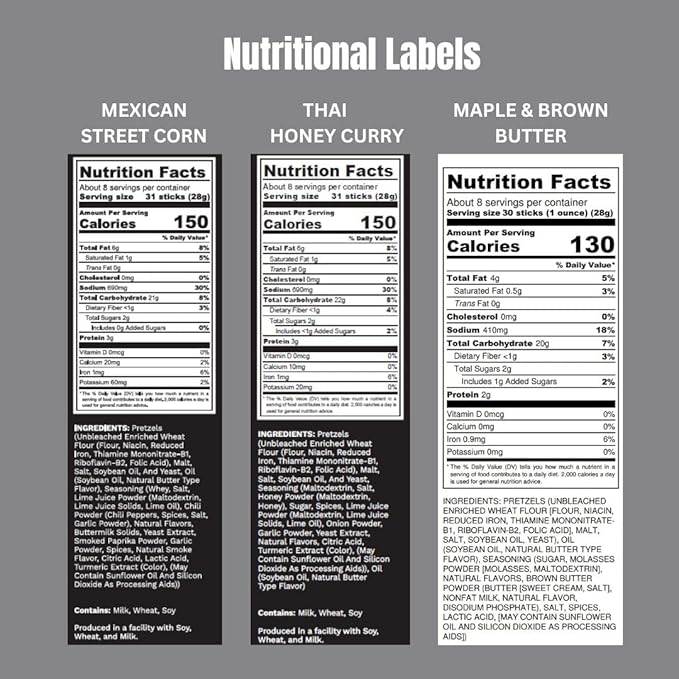 Pop Daddy Flavored Pretzels Sticks, Healthy Gourmet Pretzels, 7.5oz Variety Pack, 3 Pack, Maple and Brown Butter, Thai Honey Curry, Mexican Street Corn