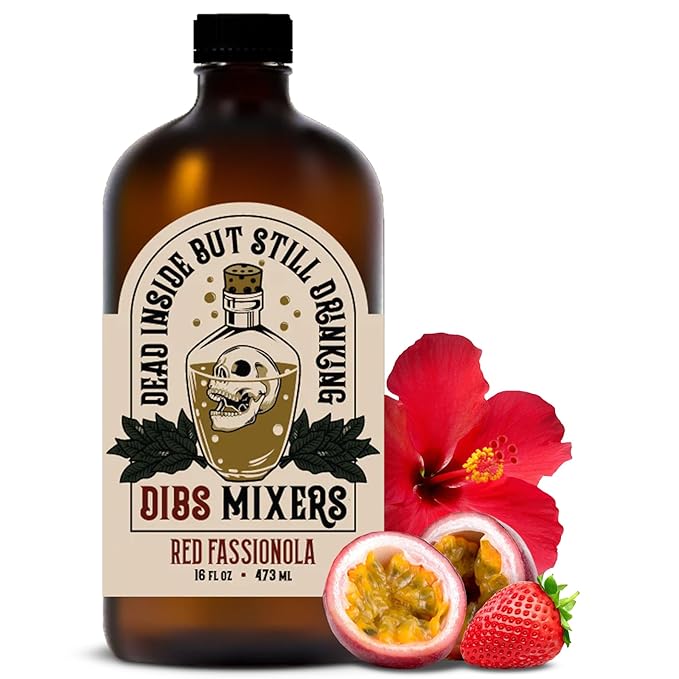 Dibs Mixers Red Fassionola - Tropical Cocktail Syrup with Strawberry, Hibiscus, Passionfruit & More - Mixer for Cocktails & Mocktails - 16oz