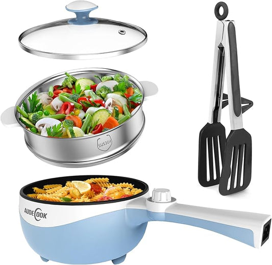 Audecook Hot Pot Electric with Steamer, 1.7L Mini Electric Skillet Portable Nonstick Saut챕 Pan with Power Adjustment, Ramen Cooker Travel Multicooker for Steak/Soup/Egg/Oatmeal/Noodles