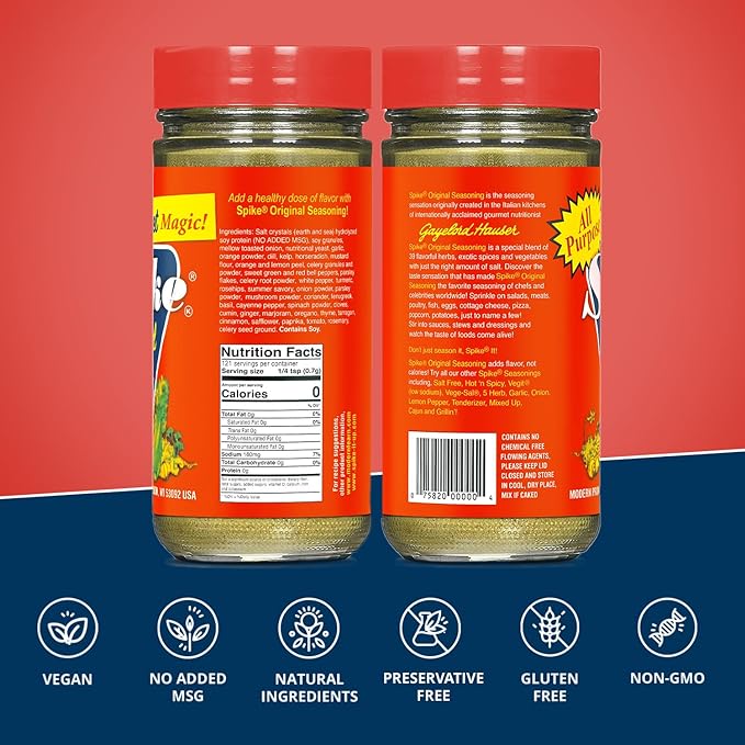 Spike Original All-Purpose Seasoning Salt, Herb, Veggie & Spice Blend 2-Pack ??MSG-Free Seasonings & Spices, 3 Oz Ea