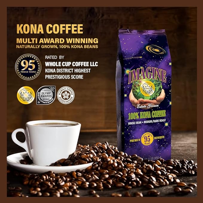 Imagine Kona Organic Coffee Beans | Arabica Kona Beans | Top Grade Air Roasted | Medium Dark Roast | Organic Whole Bean - 16oz