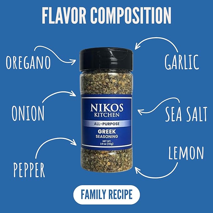Nikos Kitchen All Purpose Greek Seasoning Blend - Mediterranean Spice Mix for Chicken, Lamb, Gyro, Greek Salad, Potatoes, Fish and Vegetables - NO MSG - 3.9oz