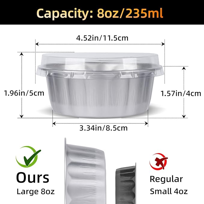 Beasea Ramekins 8 oz with Lids Disposable, 120 Pack 8 oz 4 Inch Mini Silver Aluminum Foil Creme Brulee Baking Cups Small Round Cupcake Tart Pie Tins Pans Individual Containers Oven Safe