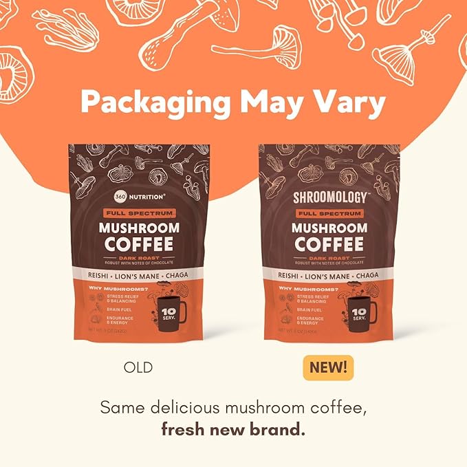 360 Nutrition Instant Mushroom Coffee with Reishi, Lion?™s Mane, Chaga Superfood Mushrooms for Natural Energy, Focus and Immunity | Dark Roast, No Added Sugar 5 oz (Full Spectrum)