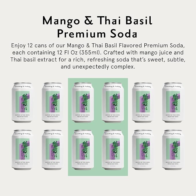 Something & Nothing Mango & Thai Basil Flavored Sparkling Water | Lightly Carbonated & Full of Flavor with Added Grape & Lemon Juice | Vegan & Low Calorie Premium Soda | 12 Fl Oz Cans (Pack of 12)