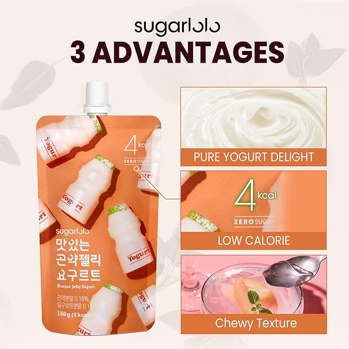 Sugarlolo Konjac Sweet Yogurt Jelly Snack - Vegan Jello with Zero Sugar | Only 4 Calories per Pouch | Low Calorie Korean Snacks | 5.29 Oz (150g) | 10 Pack