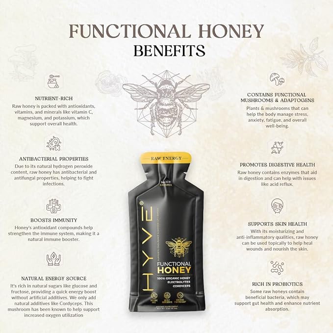 HYVE Functional Pre-workout Honey – Raw Energy Sachets with Organic Cordyceps Mushrooms, Black Lava Sea Salt & Organic Honey – Natural Energy Boost, Pack of 12, Salted Caramel