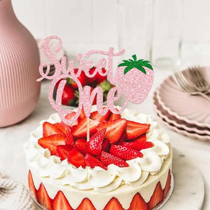 1 Pack Sweet One Cupcake Topper Glitter First Birthday Strawberry Cake Pick for Fruit Baby Shower 1st Birthday Berry Sweet Cake Decorations For Birthday Party Supplies Pink