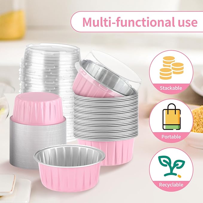 100Pack Alluminum Cupcake Containers, 5oz Dessert Cups with Lids, Mini Cake Pans With Lids&Spoons for Gift Holiday Birthday Party Cake Baking Sales Mini Storage Box Stackable Portable (pink)