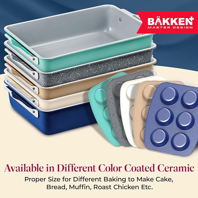 Bakken 8-Piece Stackable Bakeware Set - Ceramic Non-Stick Coating, Baking Sheets, Assorted Baking Pans, PTFE, PFOA & PFOS Free - Healthy Baking, Ergonomic Handles, Cooling Rack, Non-Toxic, Oven-Safe