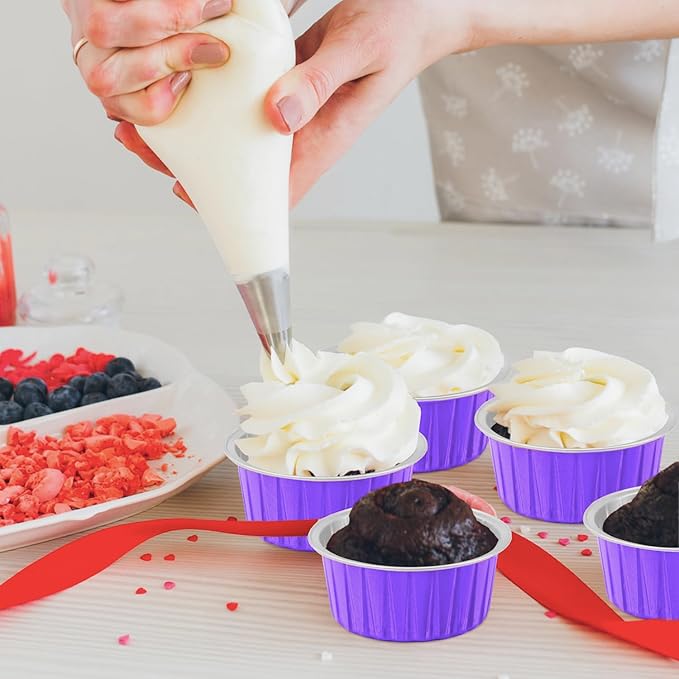 Lainrrew 50 Pack Baking Cups with Lids, Aluminum Foil Cupcake Cups Muffin Liners, Disposable Foil Ramekins, Cupcake Holders Dessert Containers Mini Pudding Cups (Purple)