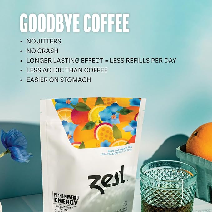 Zest Energy Tea - Blue Lady - High Caffeine Passion Fruit Black Tea Bags - Caffeinated Coffee Altnernative/Substitute - Natural, Non-GMO & Keto Friendly - Hot or Iced - 20Ct Pack - 150mg Caf