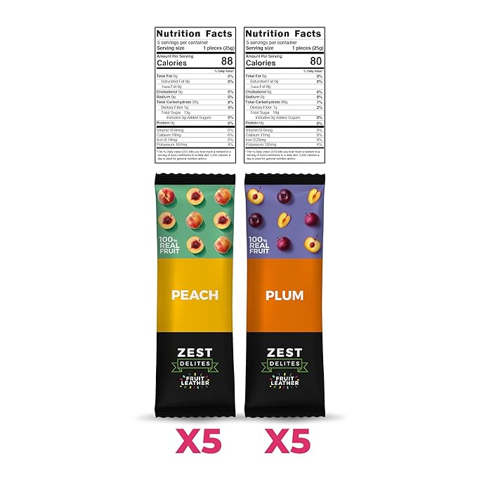 Fruit Snacks by Zest Delites, Dried Fruit Leather Bars, Healthy Snacks for Adults & Kids, Gluten Free Apple-Based Strips, Vegan, Peach, Plum, 0.88 oz x 10