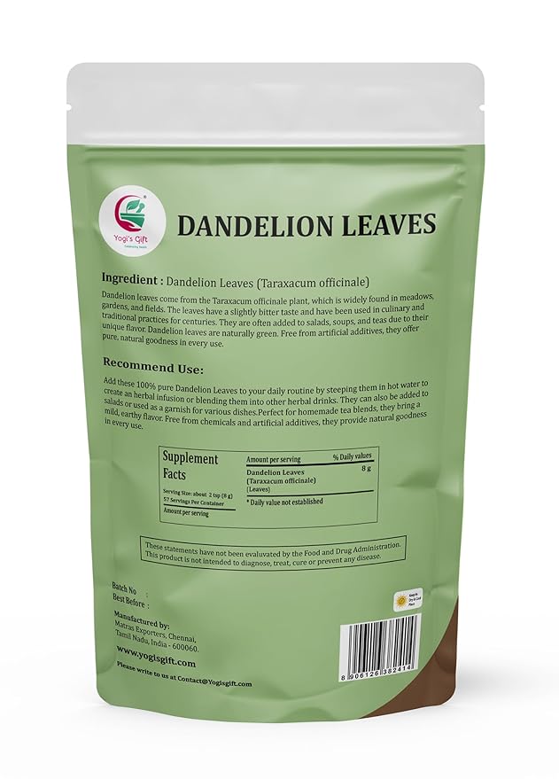 Dandelion Leaves 1 LB, 100% Natural & Pure, Ideal for Dandelion Tea, Herbal Blends & Wellness Uses, 1 LB Bulk Pack, Resealable Bag for Freshness - By Yogi?™s Gift®