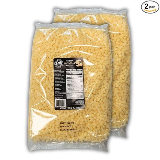 Bearded Butchers High-Temp Mozzarella Cheese, Pack of 2 (2.5 lb Bags) ??5 lbs Total, Shelf-Stable 1/4-Inch Cubes for Up to 25 lbs of Meat Per Bag, 400째F High-Temperature Cheese ??Ideal for Sausage Making, Brats, Snack Sticks, Burgers, and More