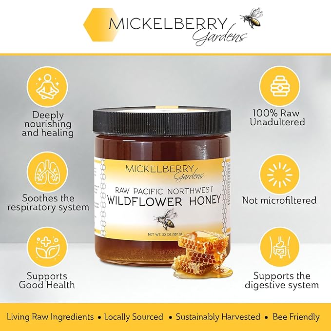 Raw Wildflower Honey - Pure, Unadulterated, Clean, Grade A Strained Honey from the Pacific Northwest (12 ounces)