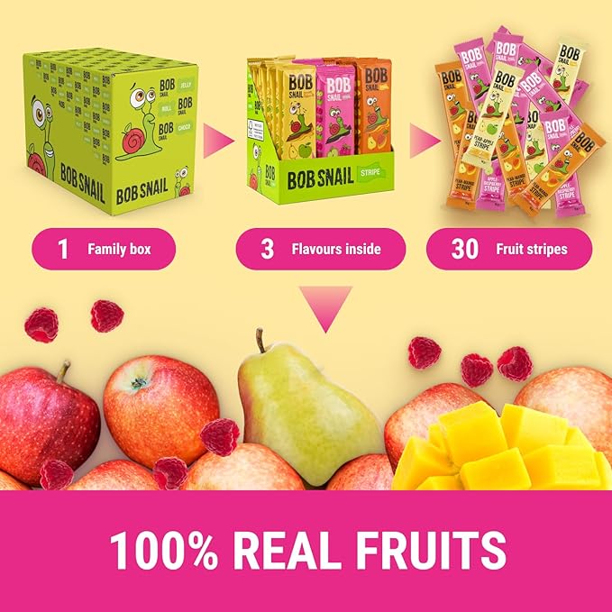 BOB SNAIL Healthy Organic Fruit Snacks for Kids and Adults ??30 Organic Fruit Leather Snacks with Pear-Apple, Raspberry, Mango ??Vegan Low-Carb Variety Pack Strips for Kids ??Sugar Free Jerky Bars