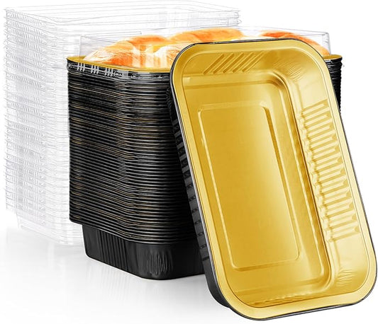 EUSOAR Mini Loaf Baking Pans with Lids, Black Gold Square 20oz 50pcs Aluminum Foil Disposable Bread Pan Ramekins with Lids, Muffin Liners Cupcake Baking Cups, Creme Brulee Cups Pans Containers