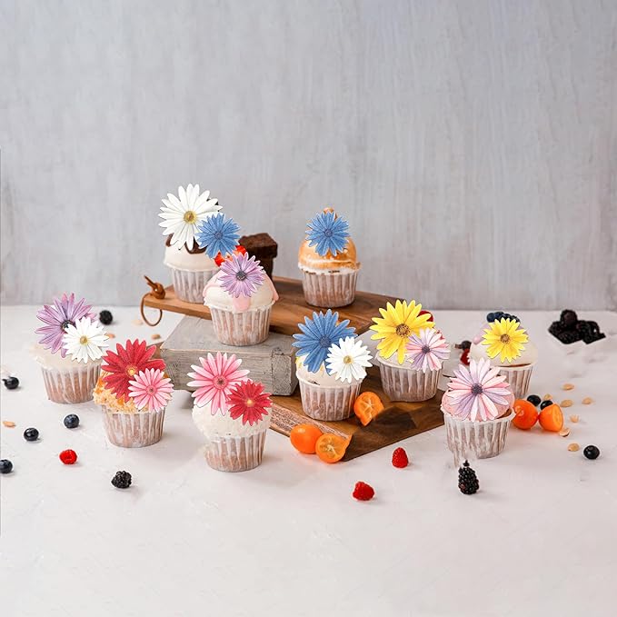 60 Pack Edible Flower Cupcake Toppers Wafer Paper Flower Cake Picks for Bridal Engagement Baby Shower Wedding Birthday Party Cake Decorations Supplies Colorful Style 2
