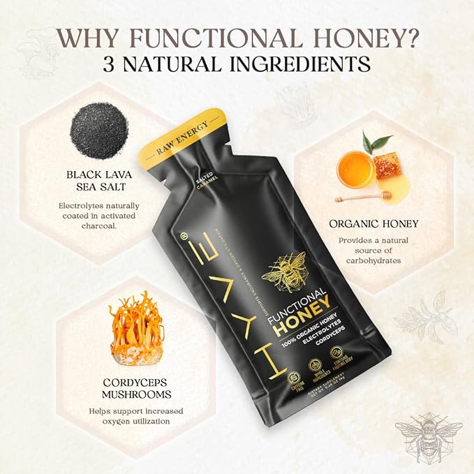 HYVE Functional Pre-workout Honey – Raw Energy Sachets with Organic Cordyceps Mushrooms, Black Lava Sea Salt & Organic Honey – Natural Energy Boost, Pack of 12, Salted Caramel